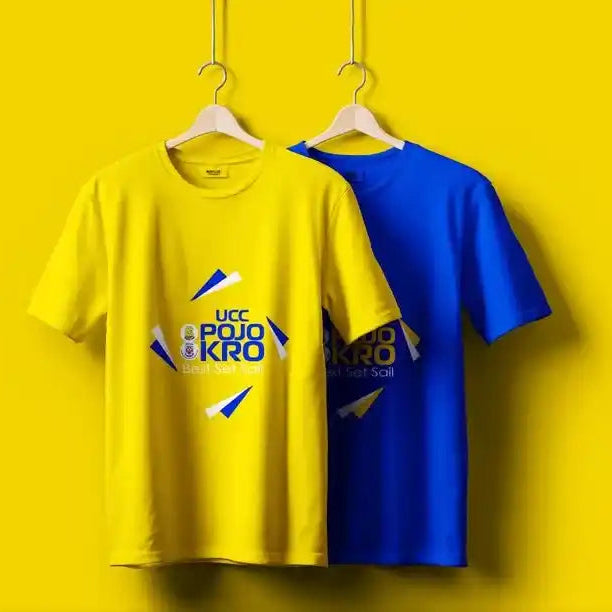 Yellow and blue t-shirts with branding on hangers against a yellow background