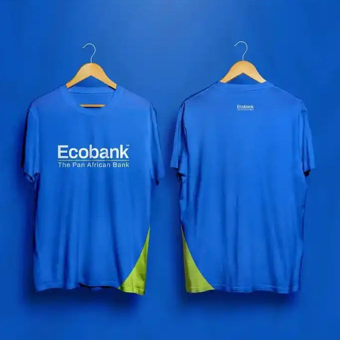 Blue t-shirt with 'Ecobank' branding on a blue background
