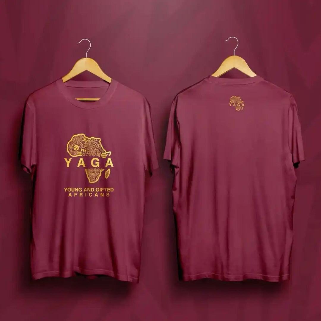 Two maroon t-shirts with gold graphics and text on hangers against a maroon background