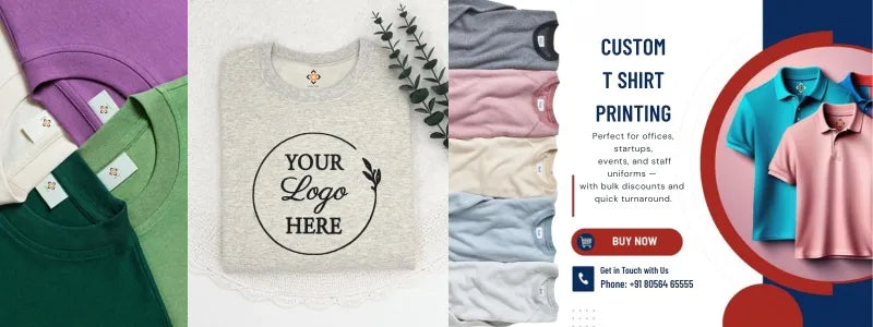 Collage of customizable t-shirts with a 'Your Logo Here' placeholder and promotional text for custom t-shirt printing.