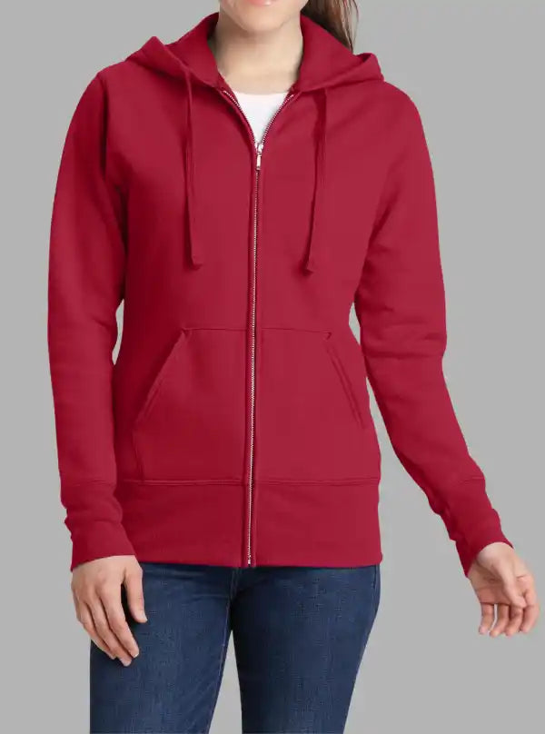 Women’s 300gsm Red Zipper Hoodie – Soft Poly Cotton Sweatshirt